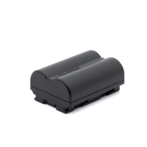 Fujifilm NP-W235-1 The used Fujifilm NP-W235 (incl.ALV24%) black rechargeable camera battery rests on a white base, with its curved top and bottom connectors visible.