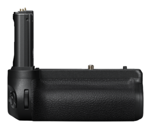MB-N14_front The Nikon MB-N14 battery grip is a black camera battery grip with a textured surface, visible adjustment wheels on the side and a semi-removable battery compartment against a white background.