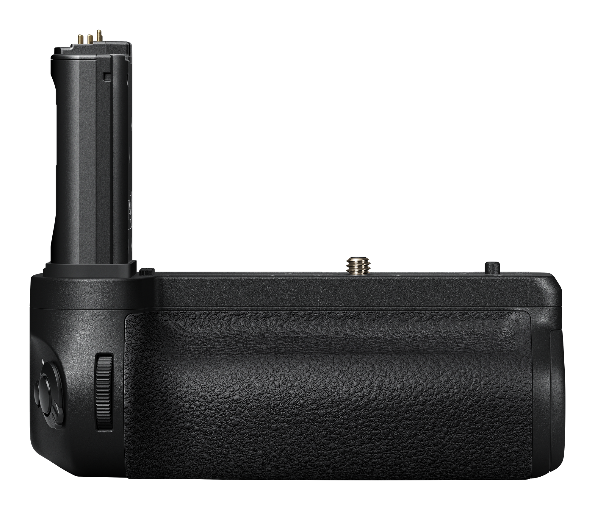 Nikon MB-N14 -akkukahva on musta kameran akkukahva, jossa on kuvioitu pinta, näkyvät säätöpyörät sivussa ja osittain ulosvedettävä irrotettava akkulokero valkoista taustaa vasten.