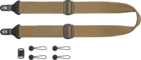 800q-01_127538 The Peak Design Slide v3 Coyote Camera Strap is a brownish adjustable camera strap with black clips on both ends, four black anchor loops and a small black attachment piece, all on a white background.
