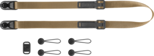800q-01_127539 The Peak Design Leash Coyote Camera Leash is a brownish adjustable camera strap with black hardware, four black anchor clips and a rectangular black attachment clip that appears on a plain base.