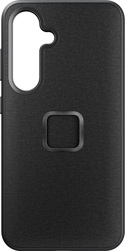 800q-01_128009 Peak Design Mobile Everyday Case for Samsung Galaxy S24 in Charcoal -mallissa on musta viimeistely, suorakulmainen kamera-aukko vasemmassa yläkulmassa ja nelikulmainen syvennys keskellä takana.