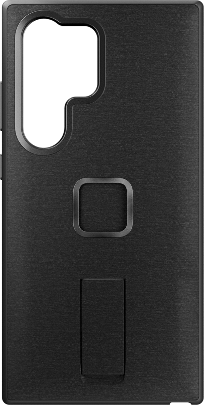 800q-01_128013 Peak Design Mobile Everyday Loop Case for Samsung Galaxy S24 in Charcoal sisältää suorakulmaisen kameran leikkauksen, neliön muotoisen sormenjälkitunnistimen leikkauksen ja integroidun jalustan alareunan keskellä.