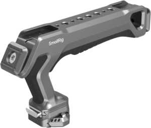 800q-01_128317 SmallRig 4483 HawkLock H21 Quick Release Top Handle Kit on metallinharmaa kamerakahva, jossa on useita kiinnitysreikiä ja kiinnityspisteitä, ihanteellinen kamerarigiin ja häkkeihin.
