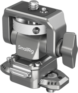 800q-01_128320 Lähikuva SmallRig 4487 HawkLock H21 Quick Release Monitor Support with NATO Clamp -monitortuesta, jossa korostuvat sen säädettävät nupit, kuvioitu pyörivä rengas ja ruuvikierteet kameralaitteiden kiinnittämistä varten.