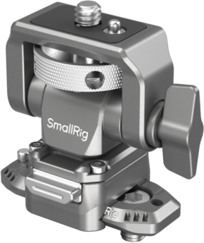 800q-01_128320 Close-up of the SmallRig 4487 HawkLock H21 Quick Release Monitor Support with NATO Clamp, highlighting its adjustable knobs, textured swivel ring and screw threads for mounting camera equipment.