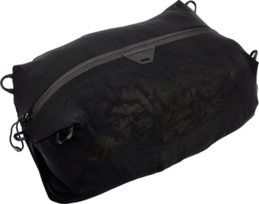 800q-01_128339 Peak Design Ultralight Mesh Packing Cube Small Black is a compact travel bag with a textured surface, corner straps and a diagonal zipper at the top.