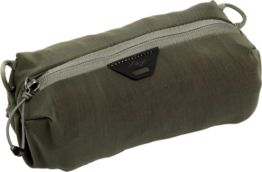 800q-01_128340 The Peak Design Ultralight Mesh Packing Cube XX-Small in Sage is a compact, olive green zippered bag with textured fabric, side flap and black triangular logo patch under the zipper.