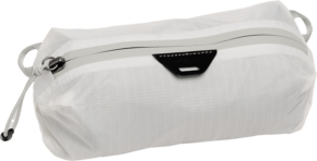 800q-01_128346 The Peak Design Ultralight Packing Cube XX-Small Cloud is a white, rectangular bag with a textured surface, grey zipper, black zipper pull and small loops at both ends for easy carrying or attaching accessories.