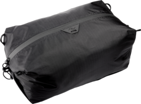 800q-01_128351 The Peak Design Ultralight Packing Cube Small Black is a lightweight, water-resistant rectangular bag with a subtle checkerboard pattern, black color, zipper and small logo near the zipper.