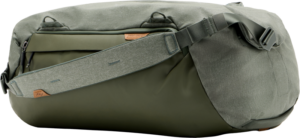 800q-01_128359 The Peak Design Travel Duffel 50L Sage features a roomy design, wide padded shoulder strap, zippered side pocket and subtle leather accents.