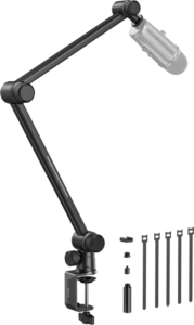 SmallRig 4303 Microphone Boom Arm Desk Mount -mikrofonipuomivarsi on kuvassa neljän kaapelinsiteen ja pienten kiinnitystarvikkeiden kanssa, ja siinä on säädettävä varsi ja kiinnitysjalusta valkoisella pohjalla.