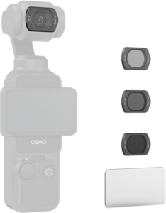 Digitaalinen kuva SmallRig 4774 ND-suodinsarjasta DJI Osmo Pocket 3:lle, jossa näkyy Osmo-kamera linssillä ja kolme ND-suodinta - ND16, ND32, ND64 - pystysuoraan pinottuna sekä suorakulmainen puhdistusliina oikeassa alakulmassa.