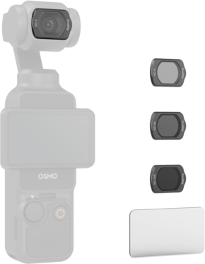 800q-01_128493 Digitaalinen kuva SmallRig 4774 ND-suodinsarjasta DJI Osmo Pocket 3:lle, jossa näkyy Osmo-kamera linssillä ja kolme ND-suodinta - ND16, ND32, ND64 - pystysuoraan pinottuna sekä suorakulmainen puhdistusliina oikeassa alakulmassa.
