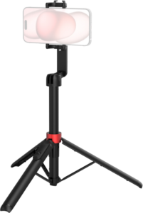 800q-01_128507 SmallRig 4729 Portable Selfie Stick Tripod ST-25 Black, jossa on säädettävät jalat ja punainen korostus lähellä keskustaa, pitää älypuhelinta tavallista taustaa vasten.