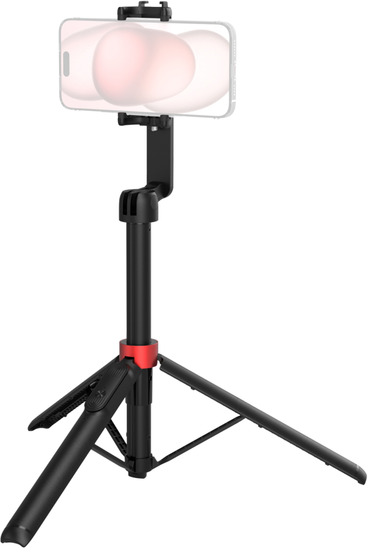 800q-01_128507 SmallRig 4729 Portable Selfie Stick Tripod ST-25 Black, jossa on säädettävät jalat ja punainen korostus lähellä keskustaa, pitää älypuhelinta tavallista taustaa vasten.
