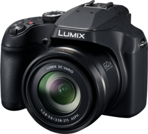 The Panasonic Lumix FZ82D compact camera is a black digital camera with a large 60x zoom lens, multiple control buttons and a textured grip on the left side.