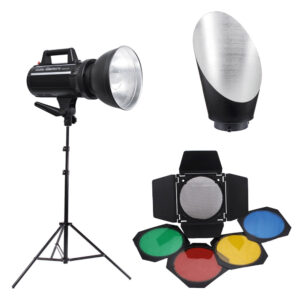 1637157792_838 Godox GS200II Background Kit -studiosalama sisältää mustan stroboskooppivalon jalustalla, hopeisen heijastimen ja ladonporttisuodatinsarjan, jossa on punaisia, vihreitä, keltaisia ja sinisiä geelejä studiokuvaukseen.