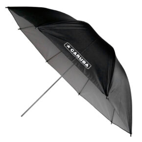 1637158234_785 Partially opened Godox MS300 Umbrella Kit studio lamp, black, silver interior and metal handle, seen from an angle.