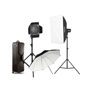 1670499764_937 The Godox DP600III Duo Studio Flash Kit includes a softbox light, a spotlight, a large umbrella reflector and a black carrying case arranged against a white background.