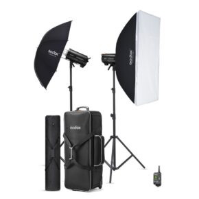 1704292742_714 Godox QT600IIIM C Duo Studio Kit -studiosalama sisältää kaksi studiovaloa jalustoilla, yhden sateenvarjon, yhden softboxin, kantolaukun, sylinterimäisen laukun ja käsikaukosäätimen.