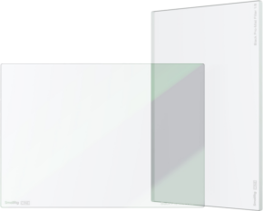 800q-01_128636 Two clear rectangular glass filters with green and grey shades are stacked on a white background. One is labeled SmallRig 4741 Cine Filter 4x5.65" Black Pro-Mist 1/8.