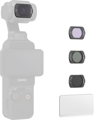 800q-01_128638 The SmallRig 4776 filter kit for the DJI Osmo Pocket 3 is shown with a camera with a screen, three small lens filters and a rectangular lens cover arranged to the right.
