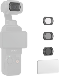 800q-01_128639 SmallRig 4775 Black / White Mist & CPL Filter Set for DJI Osmo Pocket 3 -suodatinsarja on esitetty gimbalin kanssa; lähellä on kolme linssisuodatinta ja suorakulmainen lasinen näytönsuoja, jotka on esitetty erikseen.
