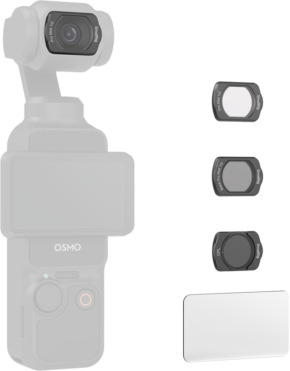 800q-01_128639 SmallRig 4775 Black / White Mist & CPL Filter Set for DJI Osmo Pocket 3 -suodatinsarja on esitetty gimbalin kanssa; lähellä on kolme linssisuodatinta ja suorakulmainen lasinen näytönsuoja, jotka on esitetty erikseen.