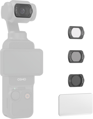 800q-01_128639 The SmallRig 4775 Black / White Mist & CPL Filter Set for DJI Osmo Pocket 3 filter set is shown with the gimbal; nearby are three lens filters and a rectangular glass screen protector, shown separately.