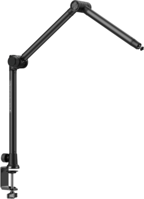 800q-01_128701 The SmallRig 4324 Desk Overhead Photography / Live Streaming Bracket is an adjustable black metal boom arm with clamp foot for desk mounting.
