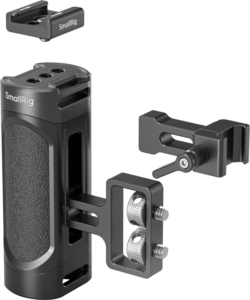 800q-01_128750 SmallRig 4816 Mini Side Handle Kit, jossa on musta metallikahva, jossa on kuvioitu kahva, on esitetty kahden metallisen kiinnitystarvikkeen kanssa - täydellinen kameran räätälöintiin ja turvalliseen kiinnittämiseen.
