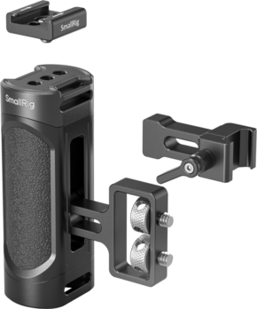 800q-01_128750 The SmallRig 4816 Mini Side Handle Kit, featuring a black metal handle with textured grip, is presented with two metal mounting accessories - perfect for customizing and securely mounting your camera.