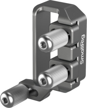 800q-01_128761 Close-up of the SmallRig 4829 USB-C & MULTI cable clamp for Sony FX3/FX30 HawkLock quick release cages, with three knobbly adjustment knobs and a compact, angled frame for secure attachment or adjustment of camera cables.