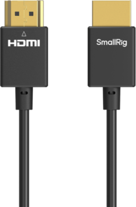 800q-01_128800 Two black SmallRig 4794 Ultra-Slim 4K HDMI data cables (A-A, 100 cm) are shown side by side. The connector on the left is labelled HDMI, the one on the right SmallRig; both have gold-plated ends and black cables.