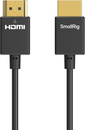 Kaksi mustaa SmallRig 4794 Ultra-Slim 4K HDMI -datakaapelia (A-A, 100 cm) on kuvassa vierekkäin. Vasemmanpuoleisessa liittimessä on merkintä HDMI, oikeanpuoleisessa SmallRig; molemmissa on kullatut päät ja mustat kaapelit.