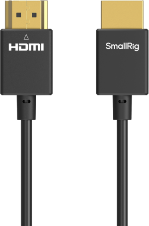 800q-01_128800 Two black SmallRig 4794 Ultra-Slim 4K HDMI data cables (A-A, 100 cm) are shown side by side. The connector on the left is labelled HDMI, the one on the right SmallRig; both have gold-plated ends and black cables.