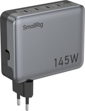 800q-01_128802 The SmallRig 4748 145W 4-port PD power supply is a grey charger with four USB ports at the top and two round European plugs at the bottom.