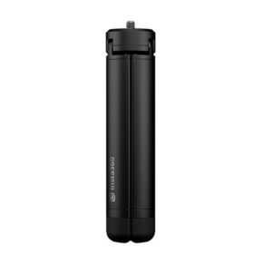 Insta360_tripod_001 The Insta360 All-Purpose Tripod is a compact, black, cylindrical camera tripod that is folded in the picture and has a visible mounting screw on top against a white background.