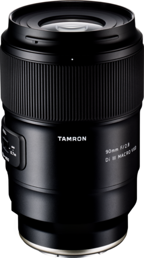 01_129111-2 The Tamron 90mm f/2.8 Di III Macro VXD lens for the Sony E is shown upright on a white background, with the brand name and specifications clearly visible on the barrel.