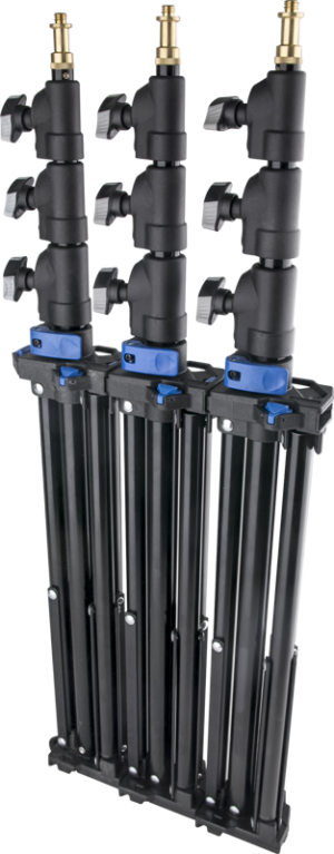 800q-001_121843 The KUPO 070AC Mini Click Light Stand-3 Pack contains three black stands with blue adjustment clips and gold brackets, folded vertically against a light grey background.