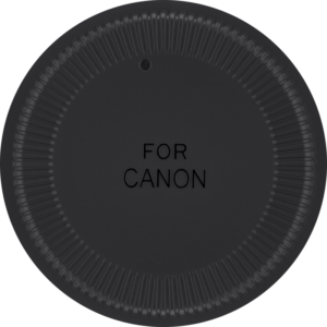 Musta Samyangin Canon EF:lle tarkoitettu takasuljin, jossa on harjattu reuna ja keskellä kohokuvio "FOR CANON".