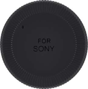 800q-01_104417 Pyöreä, musta Samyang Rear Cap Sony E:lle, jossa on harjattu reuna ja "FOR SONY" painettu keskelle. Pieni pyöreä syvennys reunan lähellä saattaa palvella toiminnallista tarkoitusta.