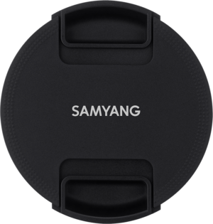 800q-01_112089 Black Samyang front cap (CF-49A) for AF 24mm f/2.8 & AF 45mm f/1.8 Sony FE lenses with two compression handles and white SAMYANG logo in the middle.