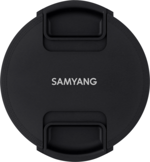 Black round Samyang front shutter (CF-77A) AF 85mm f/1.4 for Canon, Nikon or Sony lenses with two grip tabs and white "SAMYANG" in the middle.