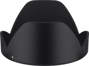 800q-01_119217 Samyang Lens Hood for AF 24-70mm f/2.8 Sony FE (HP-2470Z) on musta, terälehden muotoinen mattapintainen lisävaruste, joka näkyy edestä vaaleaa taustaa vasten.
