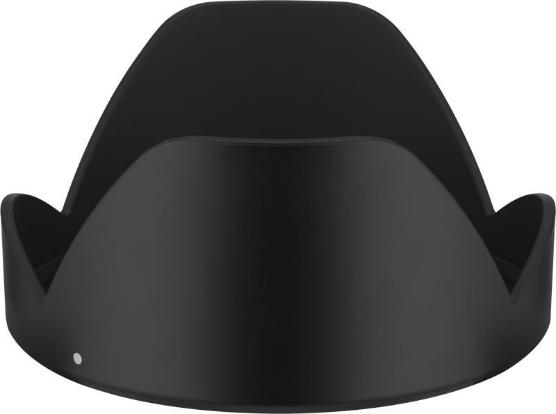 800q-01_119217 Samyang Lens Hood for AF 24-70mm f/2.8 Sony FE (HP-2470Z) on musta, terälehden muotoinen mattapintainen lisävaruste, joka näkyy edestä vaaleaa taustaa vasten.