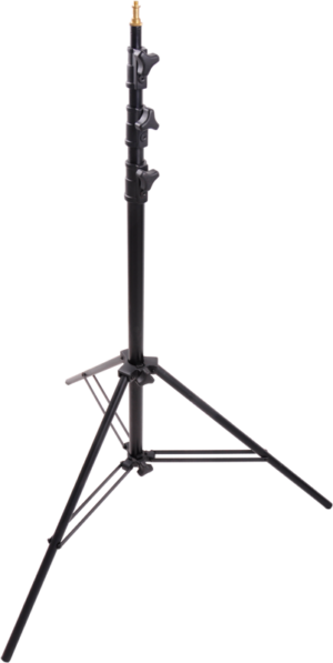800q-01_119284 KUPO 198 Universal Stand is a black, adjustable tripod stand with three legs and a central rod, shown fully extended against a white background.