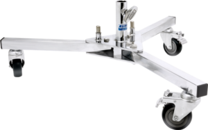 800q-01_119286 The KUPO 350 Runway Stand Base is a metal tripod stand with three wheels, designed to support and move heavy equipment or tripods, shown in white.