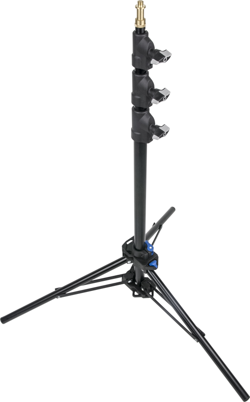 800q-01_119293 KUPO 070AC 7" Mini Click Stand with Air Cushion on musta, säädettävä kolmella teleskooppiosalla ja kultaisella kiinnitysnastalla varustettu kolmijalkainen jalusta, joka on suunniteltu valaisinlaitteiden tukemiseen.